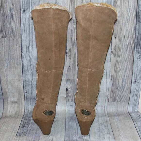 BEARPAW Highland Knee High Chestnut Suede/Sheepskin Wedge Boots Womens Size 8 - Picture 6 of 9